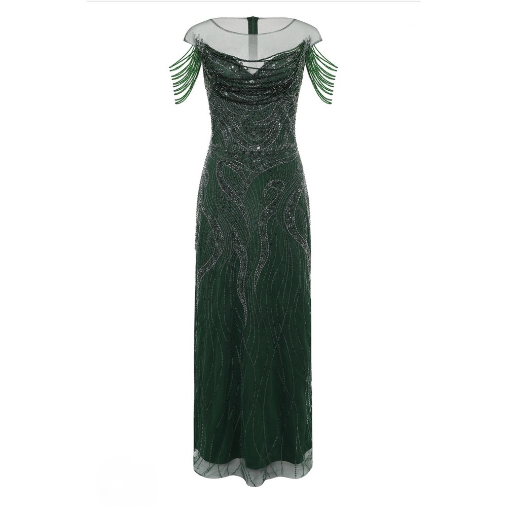 Babeyond Emerald Beaded Chain-Detail Evening Gown Size 4